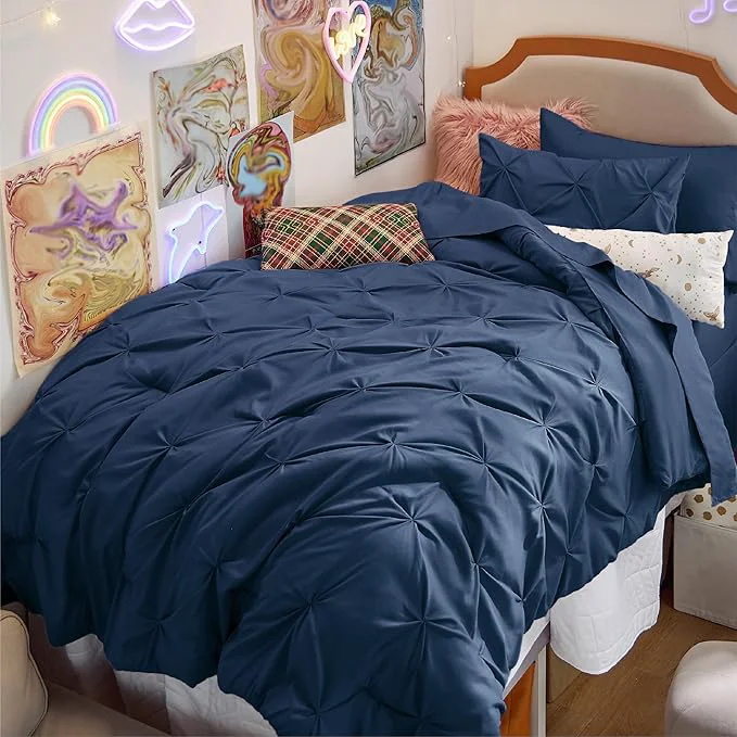Durable Bedsure Twin XL Comforter Set – Extra Long 5 Pieces Dorm Bedding Sets GentleSoft™ Pinch Pleat Navy Blue Bed in a Bag with Pintuck Comforter Sheets Pillowcase amp Sham Premium