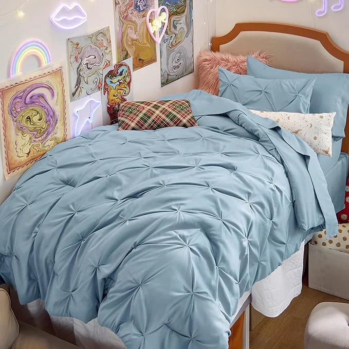 Sophisticated Bedsure Twin Comforter Set Light Blue – Bed in a Bag Twin Size Bedding 5 Pieces GentleSoft™ Pintuck Bed Set Gift for Family Pinch Pleat Light Blue Comforter with Sheets Pillowcase amp Sham Traditional