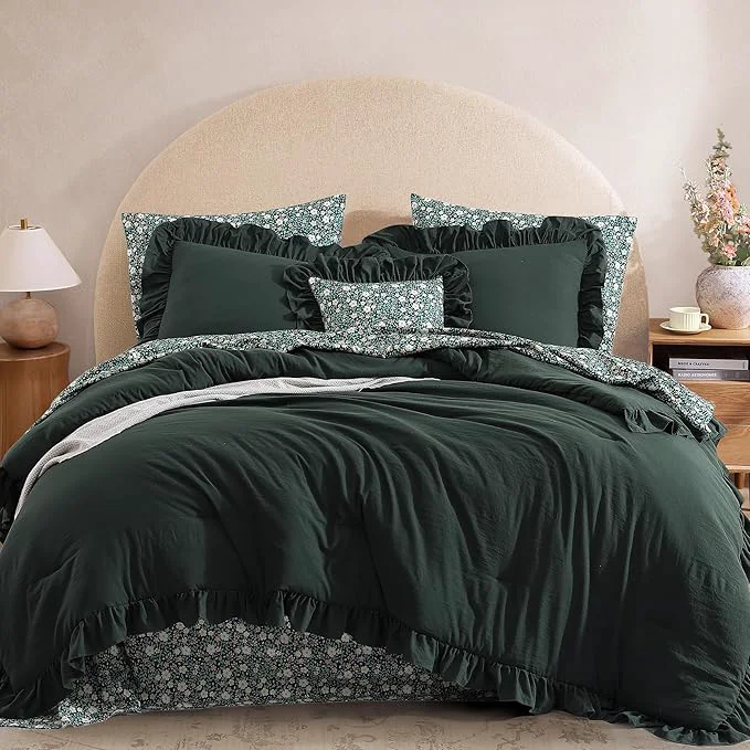 Dependable Full Comforter Set – 7 Pieces Ruffle Forest Green Bedding Sets Shabby Chic Farmhouse Bed in a Bag with Ruffle Comforter Floral Sheets Pillowcases amp Shams Carefully Designed