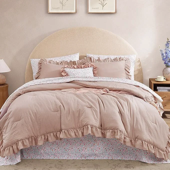 Powerful King Comforter Set – 7 Pieces Ruffle Pink Bedding Sets Shabby Chic Farmhouse Bed in a Bag King with Ruffle Comforter Floral Sheets Pillowcases amp Shams Unique