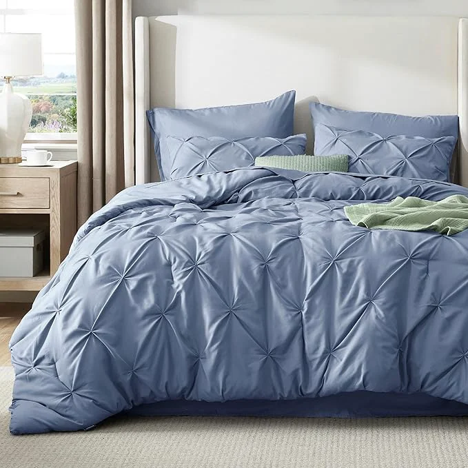Traditional Bedsure California King Comforter Set – Bed in a Bag Cal King Bedding Set 7 PCS GentleSoft™ Pintuck Bed Set Gift for Family Pinch Pleat Slate Blue Comforter with Sheets Pillowcases amp Shams Luxury