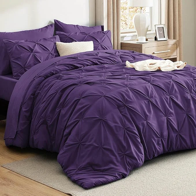 Casual Bedsure California King Comforter Set Purple – Bed in a Bag Cal King Bedding Set 7 Pieces GentleSoft™ Pintuck Bed Set Gift for Family Pinch Pleat Purple Comforter with Sheets Pillowcases amp Shams High-Performance