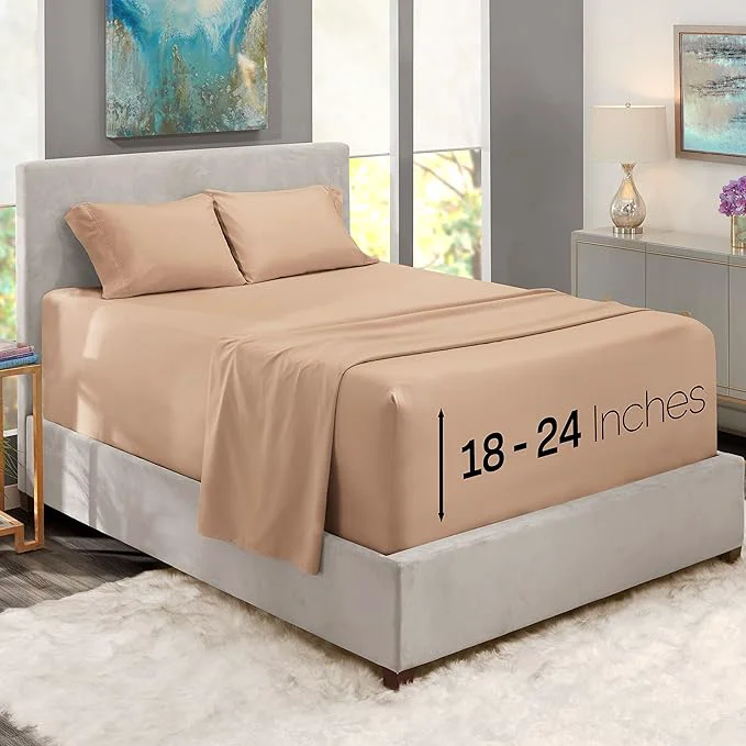 Certified Nestl King Size Sheet Set 4 Piece Extra Deep Pocket 18-24 inches Microfiber Hotel Luxury Soft Breathable Wrinkle- Easy to Care Taupe Advanced