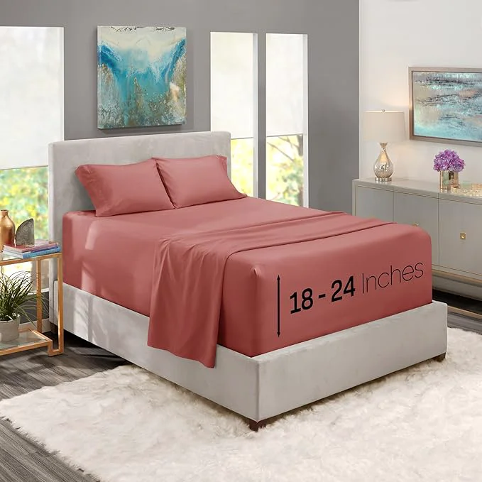 Modern Nestl Twin XL Size Sheet Set 4 Piece Extra Deep Pocket 18-24 inches Microfiber Hotel Luxury Soft Breathable Wrinkle- Easy to Care Pink Clay Fine Crafted