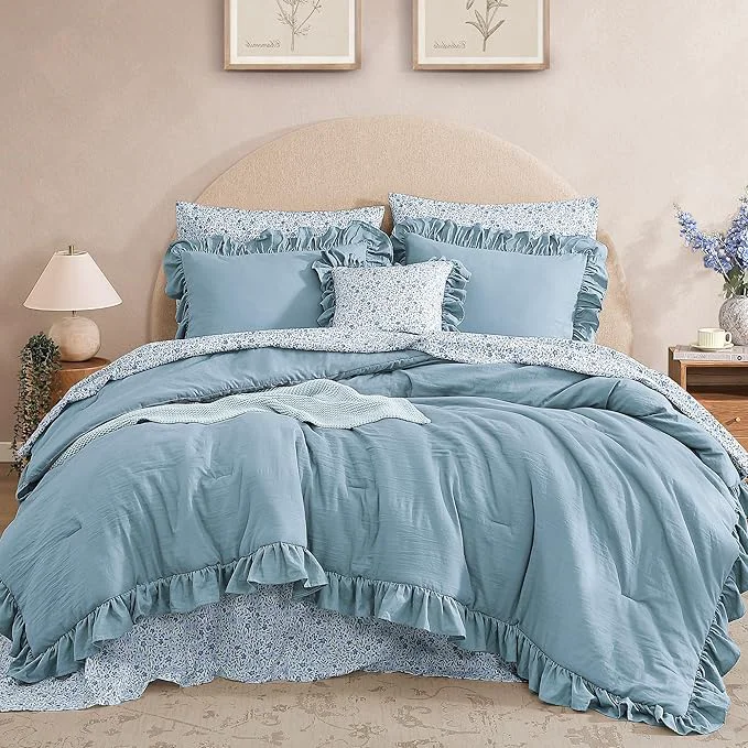 Eco-Friendly California King Comforter Set – 7 Pieces Ruffle Blue Bedding Sets Shabby Chic Farmhouse Bed in a Bag with Ruffle Comforter Floral Sheets Pillowcases amp Shams Artisan