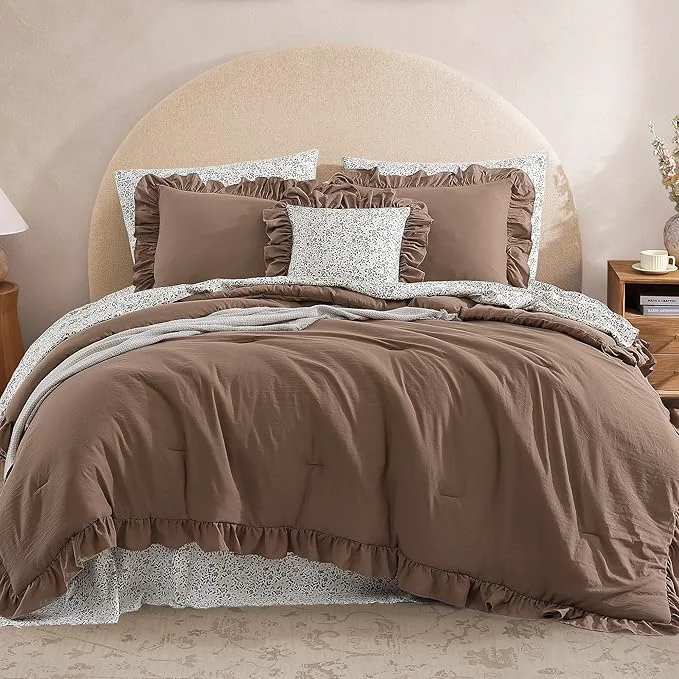 Modern Oversized King Comforter Set – 7 Pieces Ruffle Amber Brown Bedding Sets Shabby Chic Farmhouse Bed in a Bag with Ruffle Comforter Floral Sheets Pillowcases amp Shams Trendy