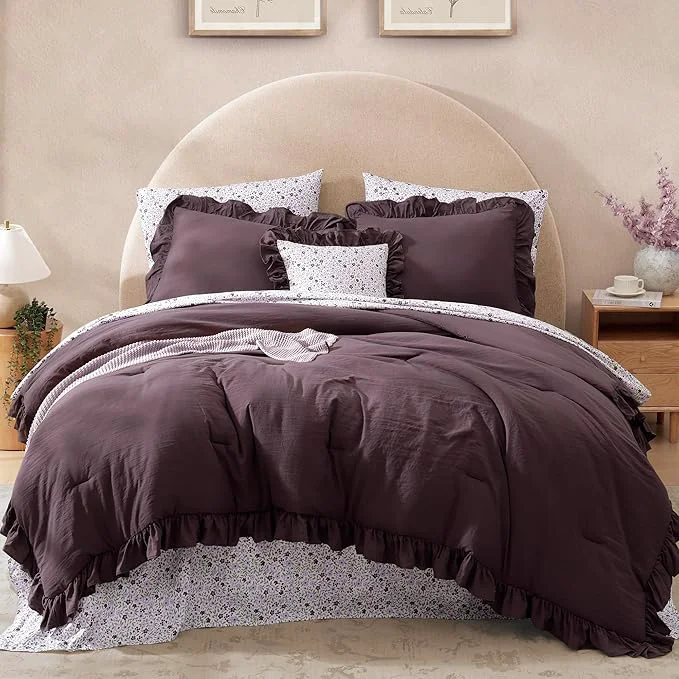Luxury Full Comforter Set – 7 Pieces Ruffle Purple Bedding Sets Shabby Chic Farmhouse Bed in a Bag Full with Ruffle Comforter Floral Sheets Pillowcases amp Shams Detailed