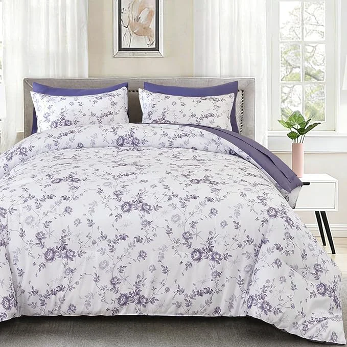 Proven Luxudecor Floral Queen Comforter Set 7 Pieces Bed in a Bag Purple Rose Romantic Flower Bed Set Soft Reversible Comforter with Sheet Set 90 quot x90 quot Verified