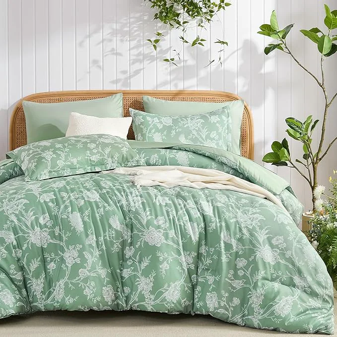 Breathable Luxudecor Floral Comforter Set Queen Size 7 Pieces Green Flower with Bird Bed in a Bag Soft Reversible Comforter with Sheet Bed Set 90 quot x90 quot Convenient