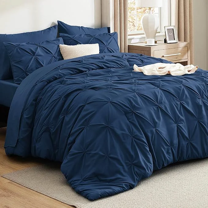 Premium Material Bedsure King Size Comforter Set – Bedding Sets King 7 Pieces Pintuck Bed in a Bag Navy Blue Bed Set with Comforter Sheets Pillowcases amp Shams Original Design