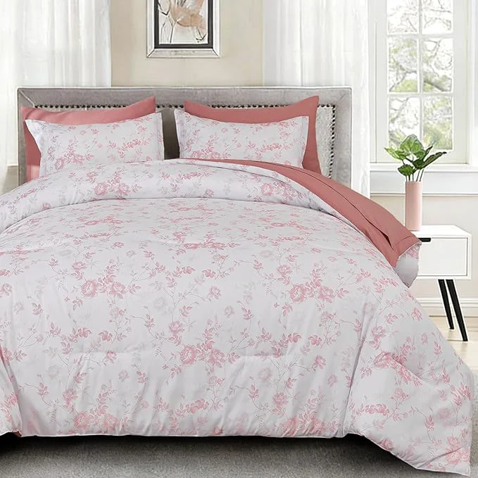 Versatile Luxudecor Floral King Comforter Set 7 Pieces Bed in a Bag Blush Pink Rose Romantic Flower Bed Set Soft Reversible Comforter with Sheet Set 104 quot x90 quot Refined