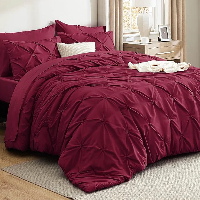 Classic Bedsure Full Comforter Set Dark Red – Bed in a Bag Full Size Bedding Set 7 Pieces GentleSoft™ Pintuck Bed Set Gift for Family Pinch Pleat All Season Comforter with Sheets Pillowcases amp Shams First-Class