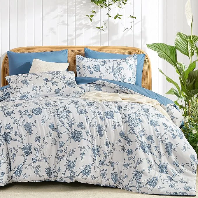 Exclusive Luxudecor Floral Comforter Set Queen Size 7 Pieces Blue Flower with Bird Bed in a Bag Soft Reversible Comforter with Sheet Bed Set 90 quot x90 quot Expertly Made