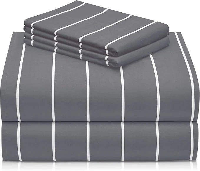 Elegant LuxClub 4 PC King Size Sheet Set Breathable Luxury Bed Sheets Deep Pockets 18 quot Wrinkle Cooling Machine Washable Hotel Bedding Striped Light Grey Lightweight