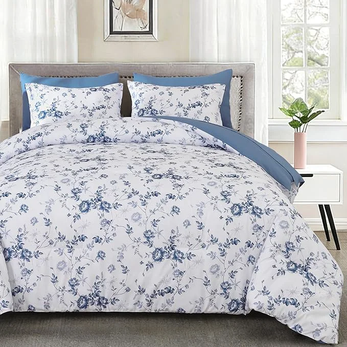 Exceptional Luxudecor Floral King Comforter Set 7 Pieces Bed in a Bag Blue Rose Romantic Flower Bed Set Soft Reversible Comforter with Sheet Set 104 quot x90 quot First-Class