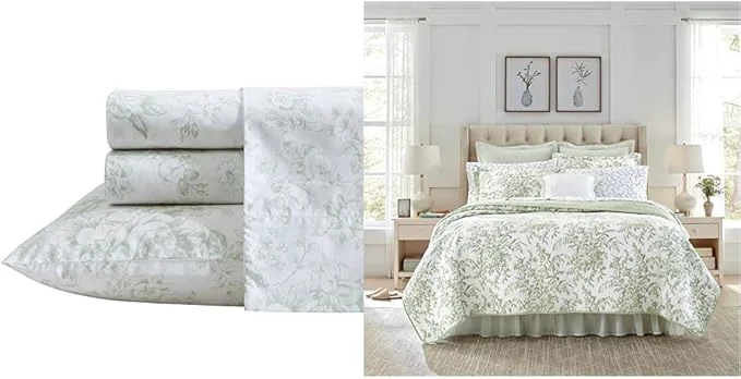 Exclusive Laura Ashley – Twin Bedding Bundle Reversible Comforter with Matching Sham amp Cotton Percale Sheet Set Deep Pocket Dorm Essentials Green White Genuine