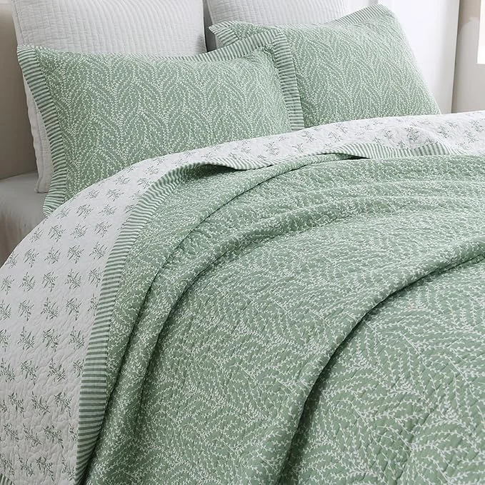Authentic SahSahCasa Quilt Set Queen Size Cotton Quilt Bedding Set Bedspread Botanical Pattern Solid Color Chic Lightweight Quilted Comforter for Queen Bed White Green All Season 3 Pieces Flexible