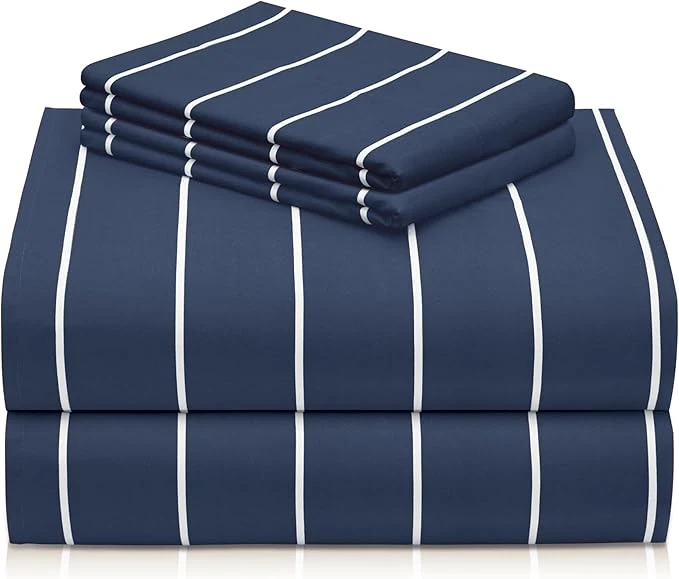 Consistent LuxClub 4 PC King Size Sheet Set Breathable Luxury Bed Sheets Deep Pockets 18 quot Wrinkle Cooling Machine Washable Hotel Bedding Striped Navy First-Class