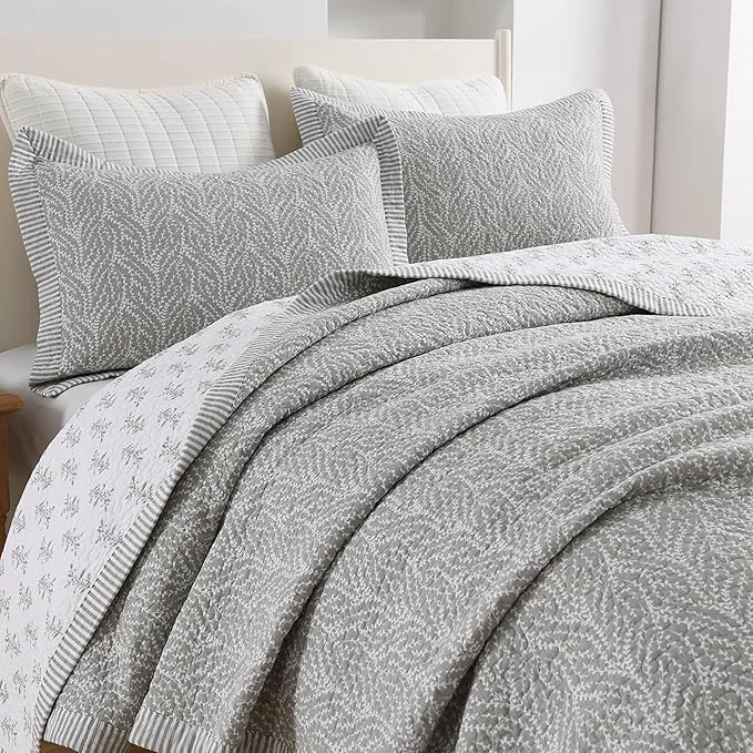 Genuine SahSahCasa Quilt Set King Size Cotton Quilt Bedding Set Bedspread Botanical Pattern Solid Color Chic Lightweight Quilted Comforter for King Bed White Gray All Season 3 Pieces Flexible