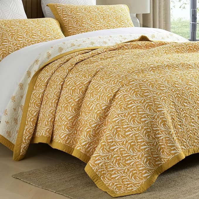 Natural SahSahCasa Quilt Set Queen Size Cotton Quilt Bedding Set Bedspread Botanical Pattern Solid Color Chic Lightweight Quilted Comforter for Queen Bed Mustard Yellow All Season 3 Pieces Long-Lasting