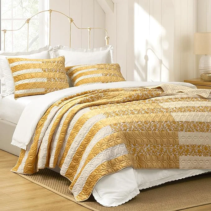 Responsible Wonderful Yellow Patchwork Spring Quilt King – Stitched Cotton Velvet Microfiber Mixed Bedding – 3-Piece Piano Key Splicing Floral Bedspread – Lightweight Geometric Quilted Coverlet Breathable Material Soft Touch Wrinkle-Resistant Machine Was… Consistent