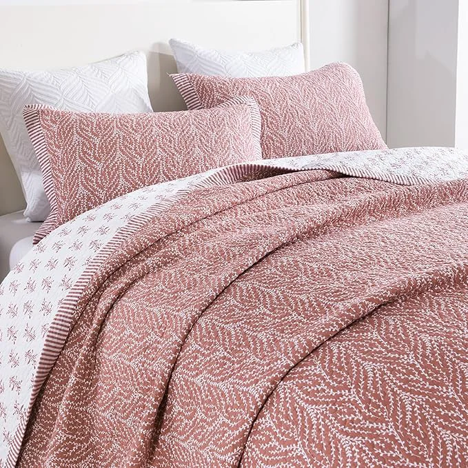 High-Grade SahSahCasa Quilt Set King Size Cotton Quilt Bedding Set Bedspread Botanical Pattern Solid Color Chic Lightweight Quilted Comforter for King Bed White Old Rose All Season 3 Pieces Minimalist
