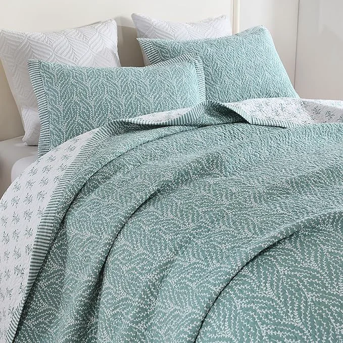 User-Friendly SahSahCasa Quilt Set King Size Cotton Quilt Bedding Set Bedspread Botanical Pattern Solid Color Chic Lightweight Quilted Comforter for King Bed White Teal All Season 3 Pieces Crafted