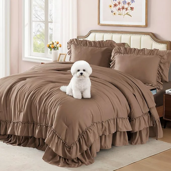 Exclusive Full Comforter Set Amber Brown Ruffle Shabby Chic Bedding Set Farmhouse 7 Pieces All Season Fluffy Bed in a Bag with Sheets Pillowcases amp Shams Soft