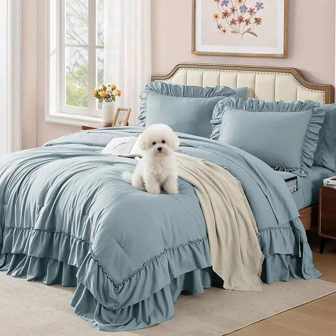 User-Friendly King Size Comforter Set Dusty Blue Ruffle Shabby Chic Bedding Set Farmhouse 7 Pieces All Season Fluffy Bed in a Bag with Sheets Pillowcases amp Shams Efficient