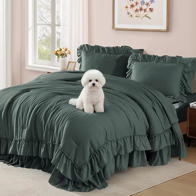 Classic Queen Comforter Set Forest Green Ruffle Shabby Chic Bedding Set Farmhouse 7 Pieces All Season Fluffy Bed in a Bag with Sheets Pillowcases amp Shams High-Performance