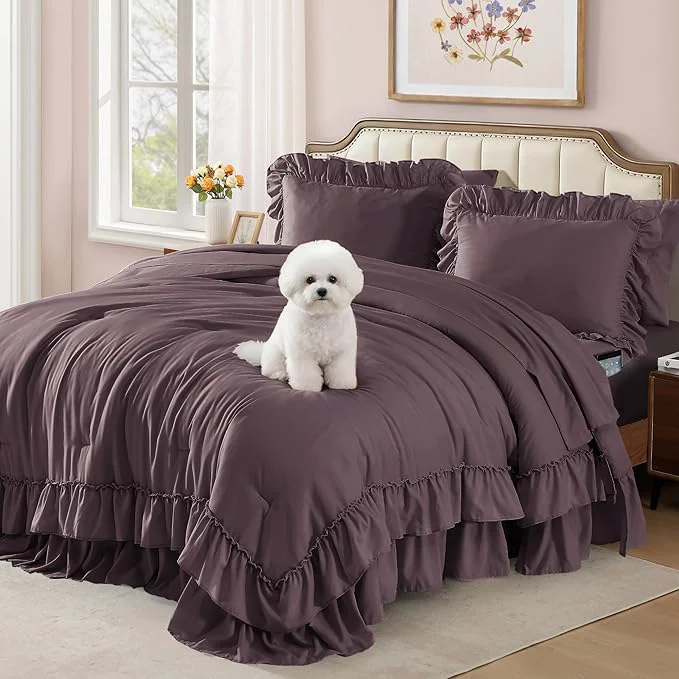 Safe Full Comforter Set Dark Purple Ruffle Shabby Chic Bedding Set Farmhouse 7 Pieces All Season Fluffy Bed in a Bag with Sheets Pillowcases amp Shams Innovative