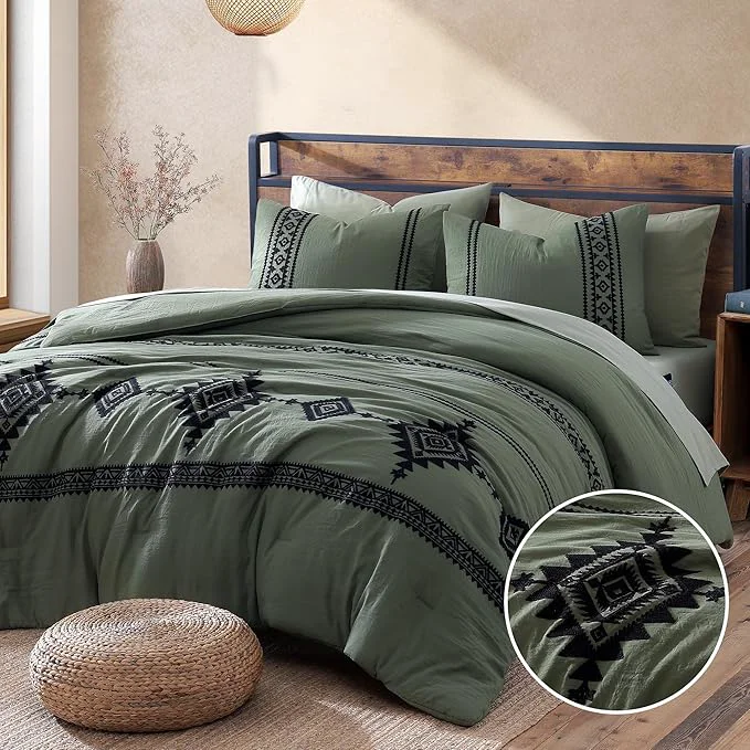 Convenient MaiRêve Embroidery Comforter Set Boho Farmhouse Western Bedding Set All Season Bed in A Bag Comforter Set with Sheets Pillowcases amp Shams Olive Green King 7 Pieces Genuine