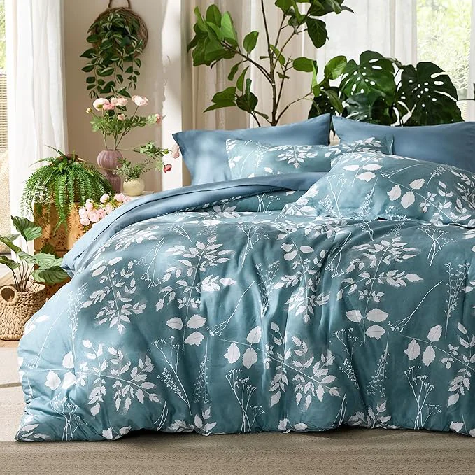 Solid Bedsure Full Size Comforter Set – 7 Pieces Floral Mineral Blue Soft Bedding Sets Full Bed in a Bag with Botanical Flowers Comforter Sheets Pillowcases amp Shams World-Class