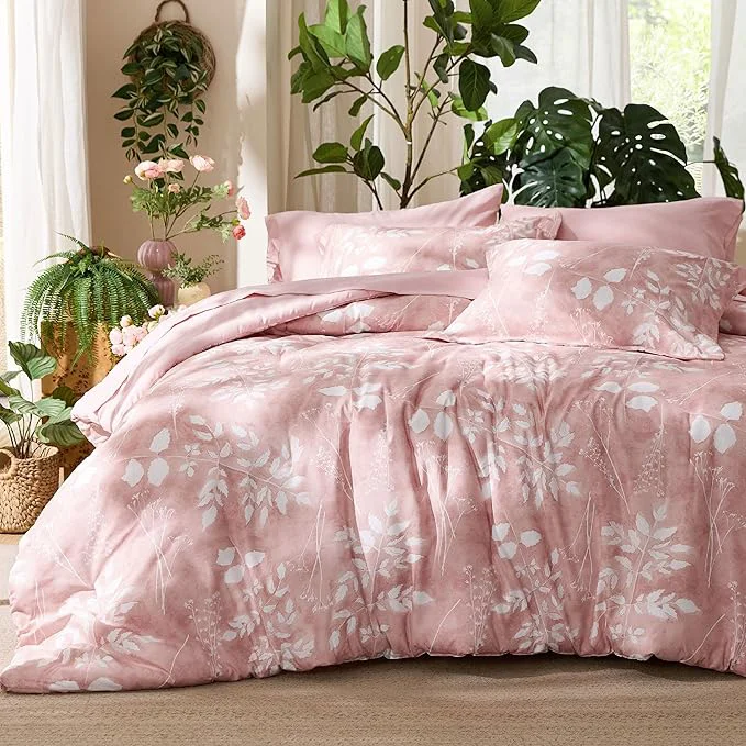 First-Class Bedsure Full Size Comforter Set – 7 Pieces Floral Pink Soft Bedding Sets Full Bed in a Bag with Botanical Flowers Comforter Sheets Pillowcases amp Shams Minimalist