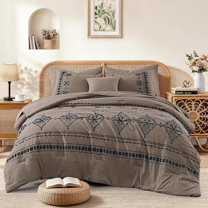 High-Performance MaiRêve Full Size Comforter Set Taupe Grey Embroidery Floral Western Boho Bedding Set All Season 7 Pieces Bed in a Bag with Sheets Pillowcases amp Shams Top-Quality