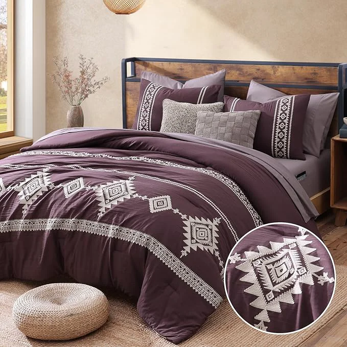Artisan MaiRêve Embroidery Full Size Comforter Set Purple Farmhouse Western Boho Bedding Set 7 Pieces All Season Bed in A Bag Comforter Set with Sheets Pillowcases amp Shams Healthy