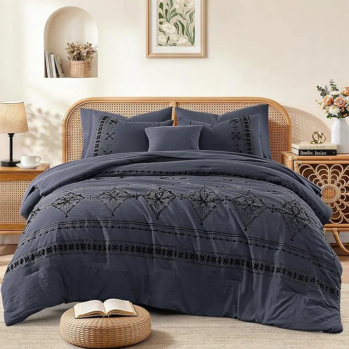 Prestigious MaiRêve King Size Comforter Set Crown Blue Embroidery Floral Western Boho Bedding Set All Season 7 Pieces Bed in a Bag with Sheets Pillowcases amp Shams Quality