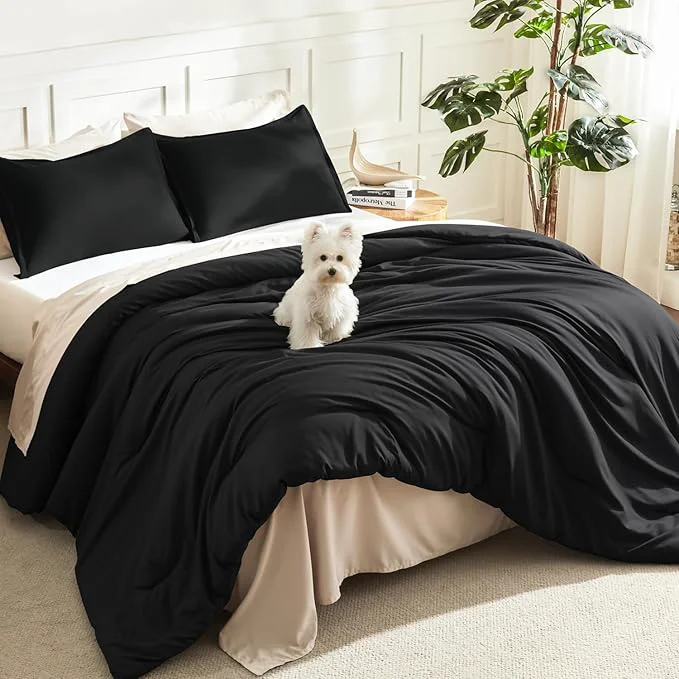 Flexible Litanika Comforters Black Oversized King Size 3 Pieces Lightweight Solid Bedding Comforter Set All Season Fluffy Bed Set 120x98In Comforter amp 2 Pillowcases Smooth