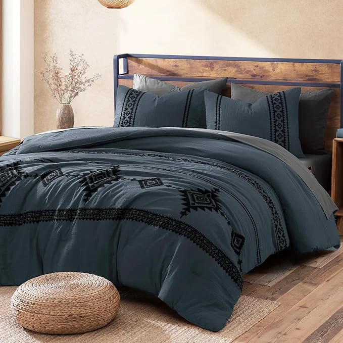 Proven MaiRêve Embroidery King Size Comforter Set Blue Grey Boho Farmhouse Western Bedding Set 7 Pieces All Season Bed in A Bag Comforter Set with Sheets Pillowcases amp Shams User-Friendly