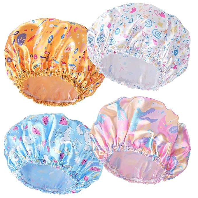 Versatile 4 PCS Shower Cap for Women Elastic and Reusable Bath Caps Double Layers Dependable