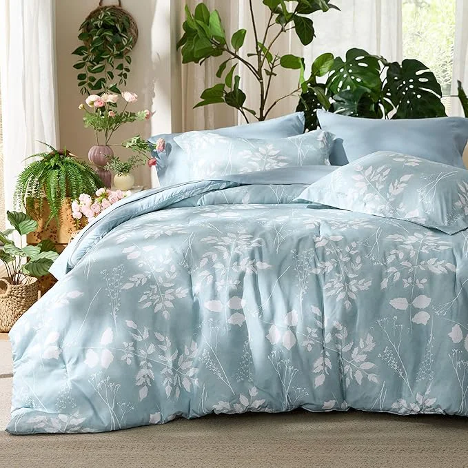 Lightweight Bedsure Sky Blue Queen Comforter Set – 7 Pieces Floral Bedding Sets Queen Bed in a Bag with Reversible Botanical Flowers Comforter Sheets Pillowcases amp Shams Excellent