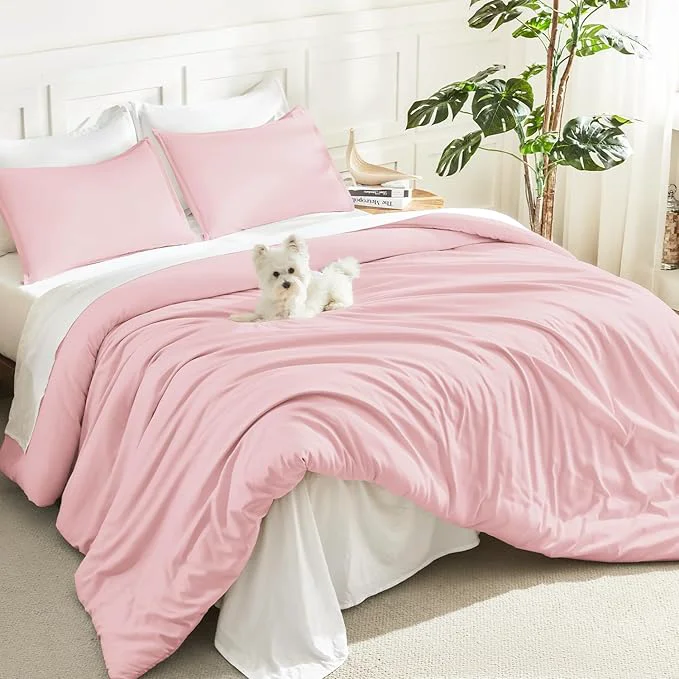 Sustainable Litanika Pink Comforter Set Queen Size 3 Pieces Lightweight Soft Fluffy Solid Bedding Set All Season Bed Set 90x90In Comforter amp 2 Pillowcases Practical