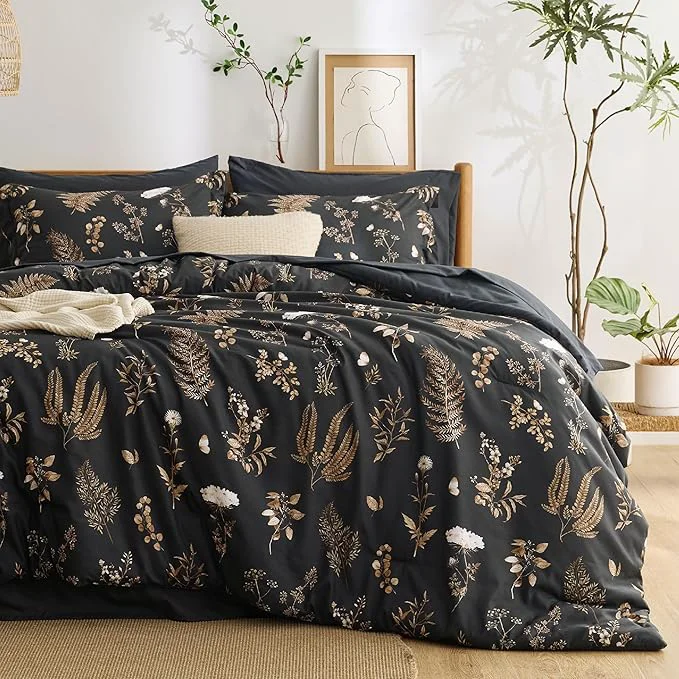 Contemporary Bedsure Black Full Comforter Set – 7 Pieces Floral Bedding Sets Full Bed in a Bag with Reversible Botanical Flowers Comforter Sheets Pillowcases amp Shams Verified
