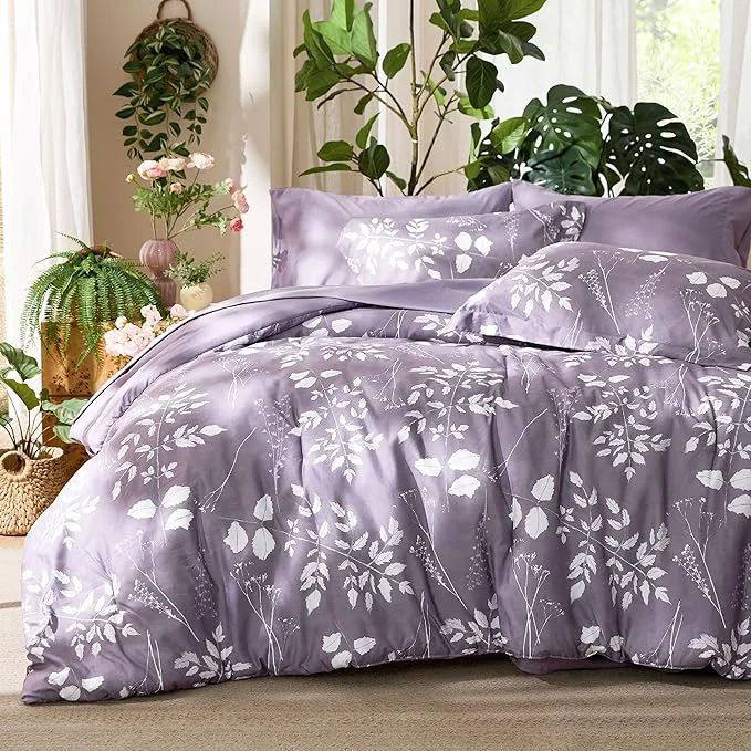 Classic Bedsure Grayish Purple Full Comforter Set – 7 Pieces Floral Bedding Sets Full Bed in a Bag with Reversible Botanical Flowers Comforter Sheets Pillowcases amp Shams Expertly Made