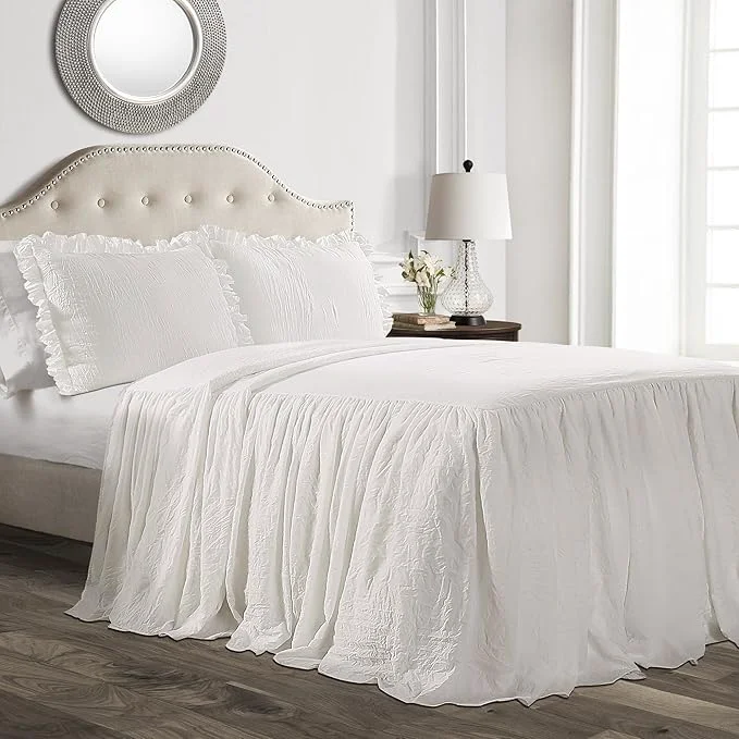 Clean Lush Decor Ruffle Skirt Bedspread Set – 3-Piece Luxurious Farmhouse Bedding – Elegant Ruffle Detail – Timeless Style – Soft Lightweight Sheets – Queen White Proven