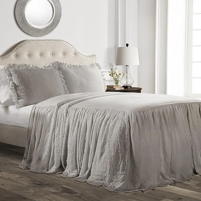 Prestigious Lush Decor Ruffle Skirt Bedspread Set – 3-Piece Luxurious Farmhouse Bedding – Elegant Ruffle Detail – Timeless Style – Soft Lightweight Sheets – California King Grey Breathable