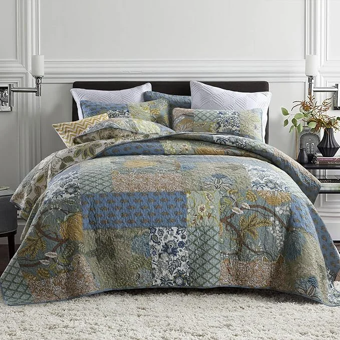Quality Secgo California King Quilt Size – Cotton Oversized California Comforter Set Green Bedding Sets 120 110 Inch with 2 Pillow Shams Patchwork Reversible Lightweight Bedspread Sustainable