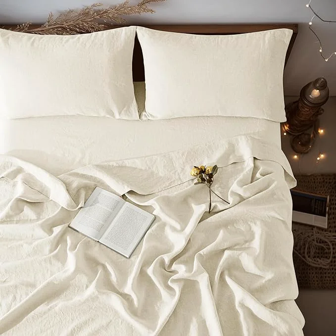 Prestigious LBRO2M Pure Linen Sheet Set Deep Pocket Up to 16 quot Bed Sheets Sets Natural Flax Beddings Soft Breathable Comfortable for All Seasons 4 Pcs Sheet Set Queen Size Beige Reusable