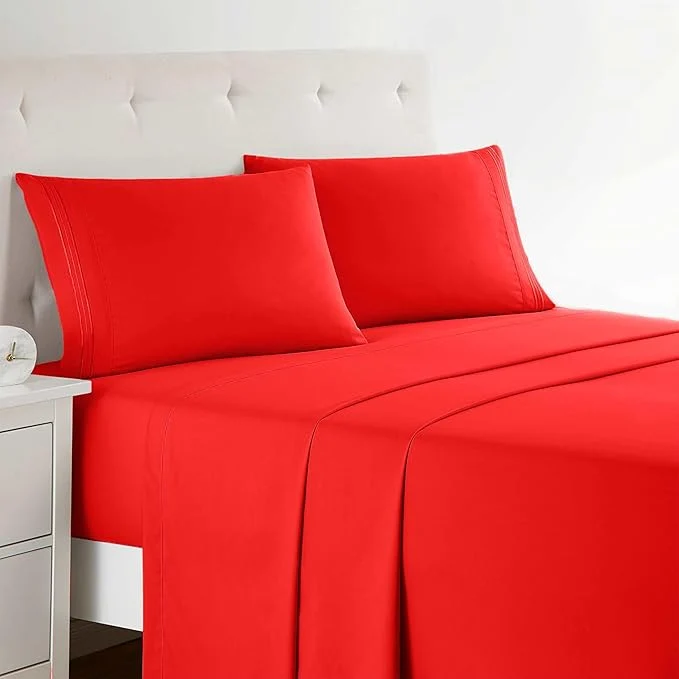 Traditional Clara Clark Full Sheets Set Deep Pocket Bed Sheets for Full Size Bed – 4 Piece Full Size Sheets Extra Soft Bedding Sheets amp Pillowcases Full Cherry Red Relaxed