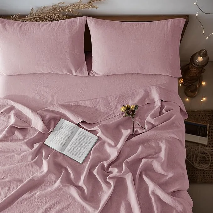 Contemporary LBRO2M Pure Linen Sheet Set Deep Pocket Up to 16 quot Bed Sheets Sets Natural Flax Beddings Soft Breathable Comfortable for All Seasons Twin Size Embroidery Purple Trendy